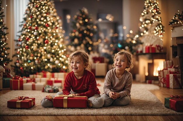 glückliches Kind, das im Hintergrund sieht, geschmückt mit Weihnachten ai generativ