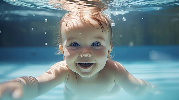 Glückliches Kind, das schwimmen lernt