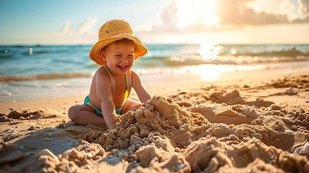 Glückliches Kind, das Spaß beim Sandspielen hat, im Sommerferien am Strand, Reis- und Urlaubskonzept, Kopieren Sie Platz für Text