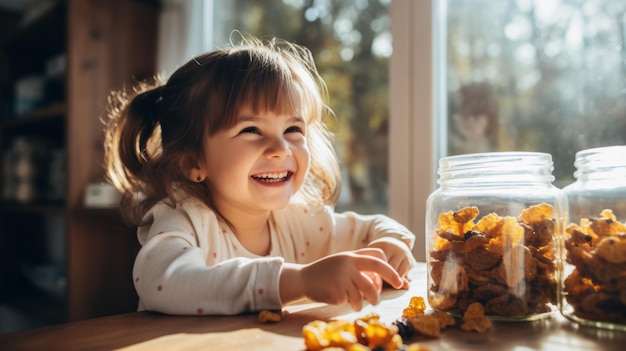 glückliches Kind isst getrocknete Früchte in der Küche unsplash hochwertiges Foto mit hohem Detail