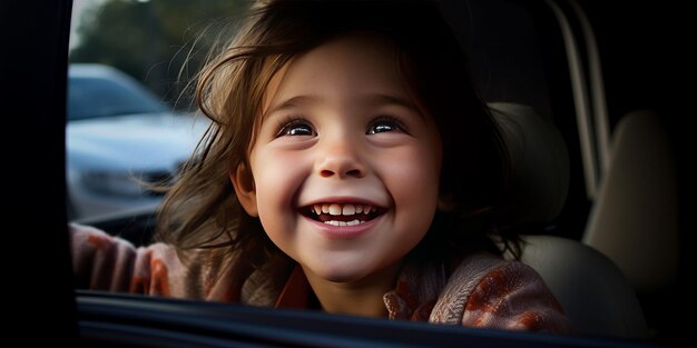 Glückliches Kindermädchen geht im Auto auf Sommerreise