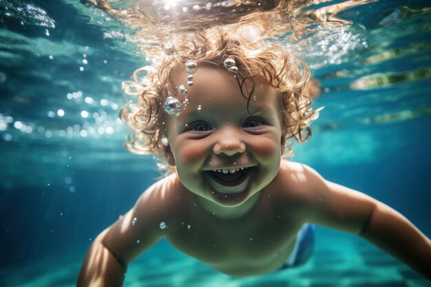 glückliches kleines Kind schwimmt unter Wasser in einem Pool, umgeben von spielerischen Luftblasen