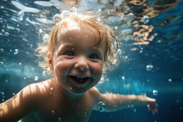 glückliches kleines Kind schwimmt unter Wasser in einem Pool, umgeben von spielerischen Luftblasen