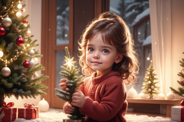 glückliches kleines Mädchen mit Weihnachtsbaum glückliches kleine Mädchen mit weihnachtsbäume kleines Mädchen in einem Ch