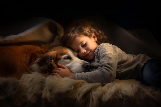 Glückliches kleines Mädchen und ihr Hund umarmen sich in der Wärme der Liebe. Glückliches Kind, das mit seinem Welpen im Bett liegt