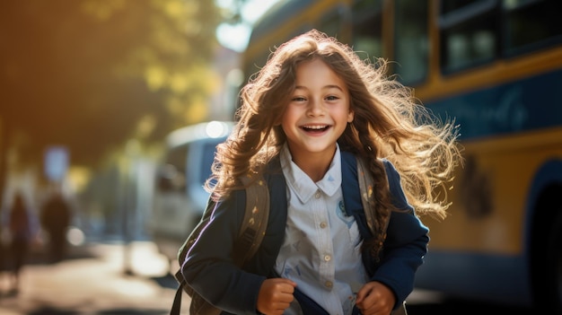 Glückliches kleines Schulmädchen mit weißer und blauer Schuluniform, KI generiert