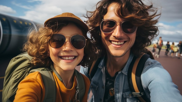 glückliches Lächeln junge Frau und Freund Selfie mit Reisetasche am Flughafen