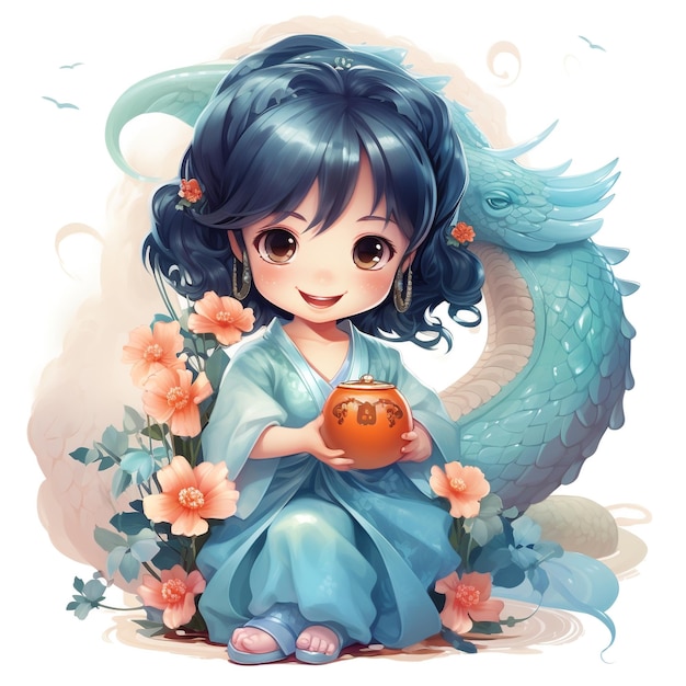 Glückliches lächelndes chinesisches kleines Mädchen, das auf einem Drachen sitzt