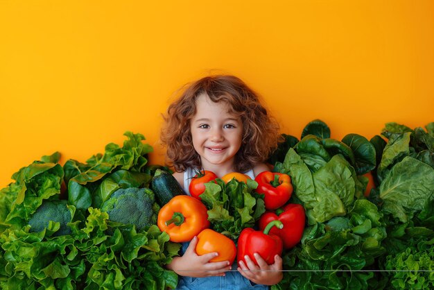 glückliches lächelndes Kind Mädchen Kind hält in den Händen eine Ernte von Gemüse auf gelbem isolierten Hintergrund Baby gesunde Ernährung Nahrung