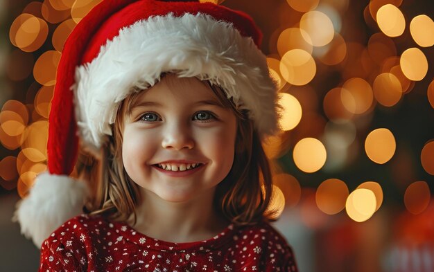 glückliches lächelndes Mädchen mit Weihnachtsmannshut im Hintergrund