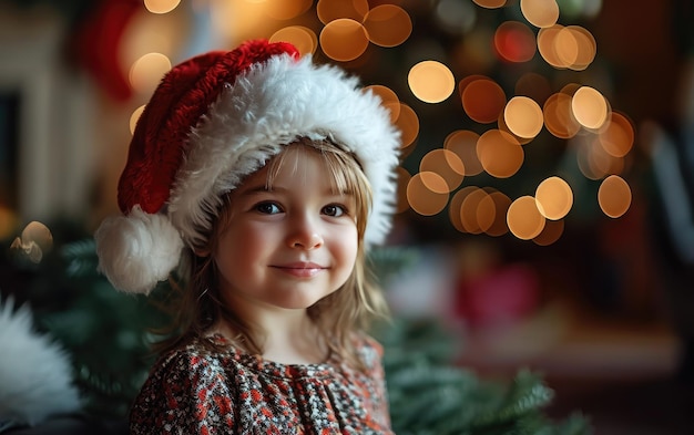 glückliches lächelndes Mädchen mit Weihnachtsmannshut im Hintergrund