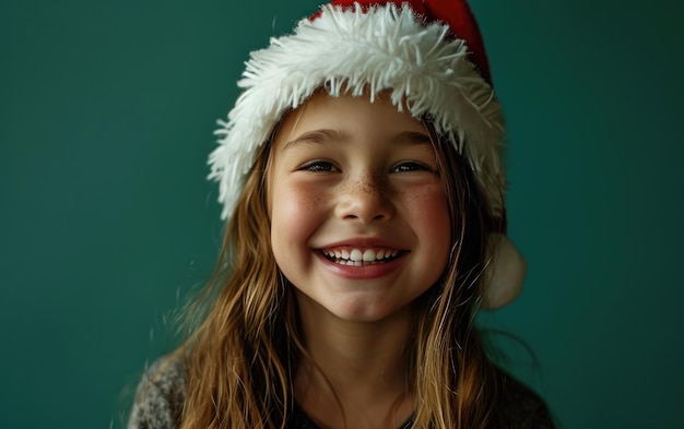 glückliches lächelndes Mädchen mit Weihnachtsmannshut im Hintergrund