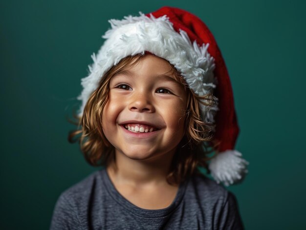 glückliches lächelndes Mädchen mit Weihnachtsmannshut im Hintergrund