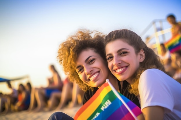 Glückliches lesbisches Paar feiert am Strand die LGBTQ Pride Parade in Tel Aviv
