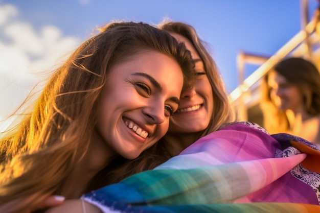 Glückliches lesbisches Paar feiert am Strand die LGBTQ Pride Parade in Tel Aviv