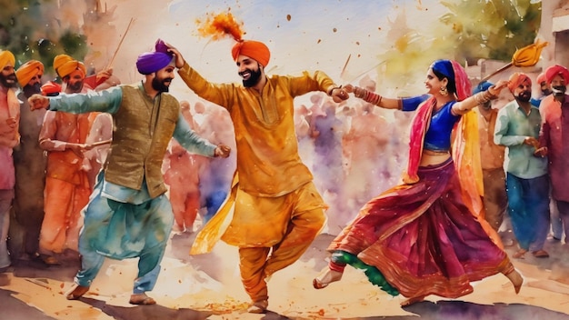 Foto glückliches lohri-fest von punjab indien paar spielt lohri-tanz aquarell-stil