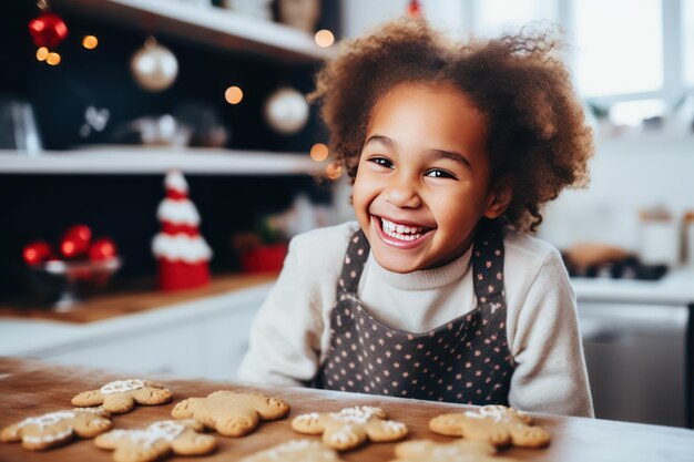 Glückliches, lustiges afroamerikanisches Mädchen backt Weihnachtskekse in der gemütlichen Küche zu Hause. Sie legt Kekse auf den Teller und zeigt sie der Kamera.