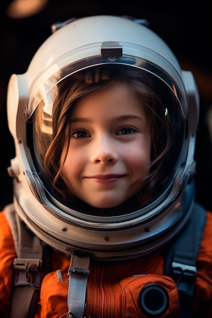 Glückliches Mädchen mit astronautischem orangefarbenem Kleid und Helm