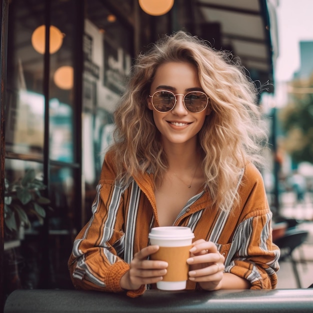 Glückliches Mädchen trinkt Kaffee im Café Illustration AI GenerativexD