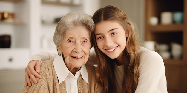 Glückliches Mädchen und ihre Großmutter umarmen sich, während sie zu Hause sitzen