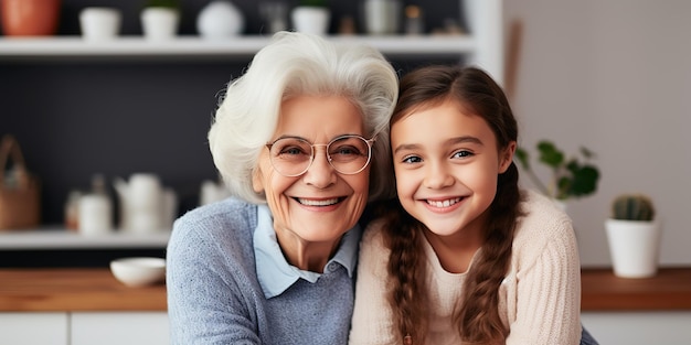 Glückliches Mädchen und ihre Großmutter umarmen sich, während sie zu Hause sitzen