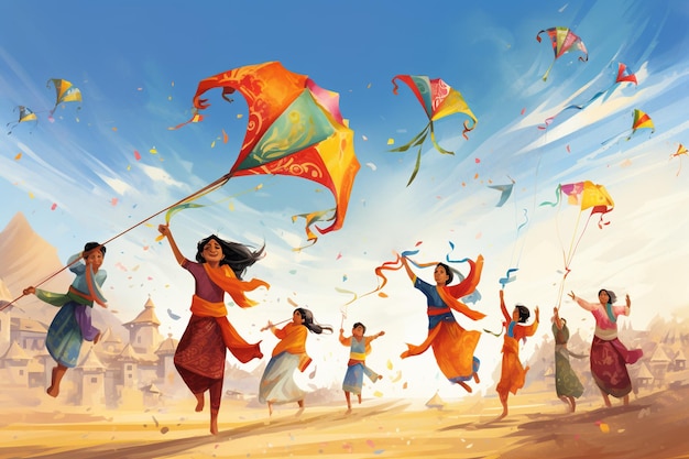 Glückliches Makar Sankranti, indisches Fest mit Drachen am Himmel.