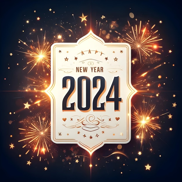 Glückliches neues Jahr 2024 Grußkarte mit Feuerwerk und Buchstaben Vektorillustration