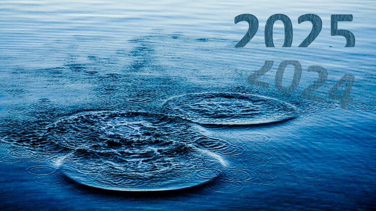 Foto glückliches neues jahr 2025 kommt übergang von 2024 zum neuen jahr konzept mit 2025 text auf dem meer
