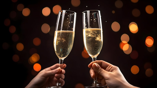 Glückliches neues Jahr Neujahrsabendfeiern Toast mit Schaumwein oder Champagnergläsern