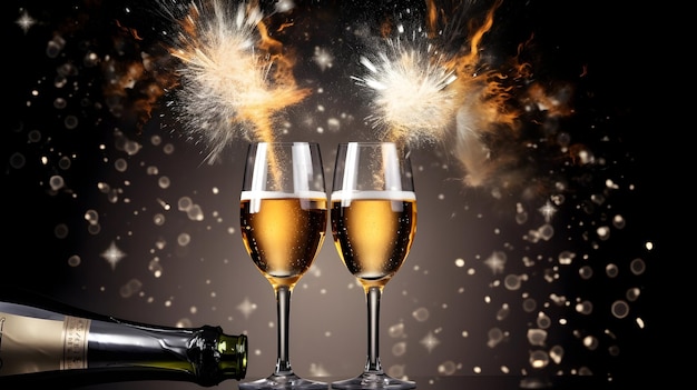 Glückliches neues Jahr Neujahrsfeiern festliche Veranstaltung Champagner Schaumweinflasche mit Gläsern