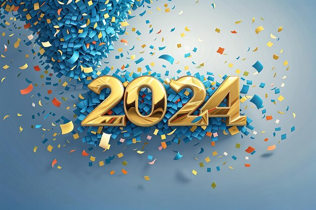Glückliches Neujahr 2024 elegantes Banner mit fallendem Konfetti auf hellem Hintergrund
