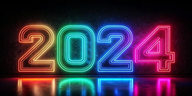 Foto glückliches neujahr 2024 leuchtendes neonschild auf ziegelsteinwand-hintergrund