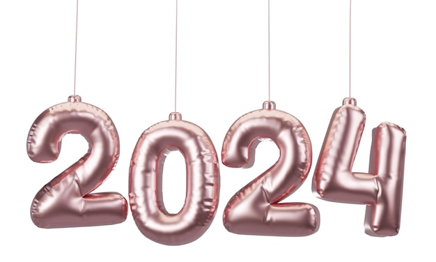 Foto glückliches neujahr 2024 metallische rose gold folien ballons 3d illustration rose gold helium ballons 2024