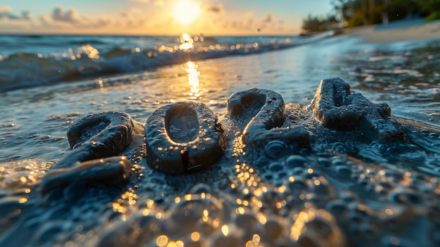 Glückliches Neujahr 2024 Neujahrs-Konzept mit einem Sonnenuntergang am Strand und den Zahlen 2024 im Meer reflektiert