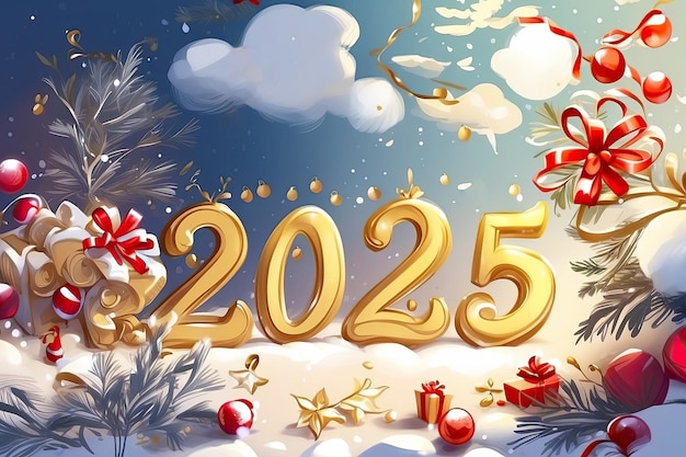 Glückliches Neujahr-Illustration mit goldenen Buchstaben und Zahlen 2025 auf festlichem mehrfarbigen Weihnachts-Hintergrund mit Pailletten, Sternen, Schnee, Grüßkarten, Kalender-Cover, AI-generiert