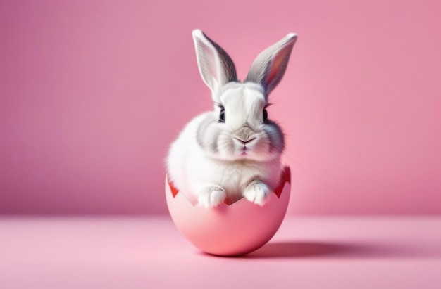 Glückliches Osterbanner mit einem niedlichen Osterhase, das aus einem rosa Oster Ei auf pastellrosa Hintergrund schlüpft Illustration eines Osterhäschens, das in einer zerrissenen Eierschale sitzt Glückliche Oster-Grüßkarte