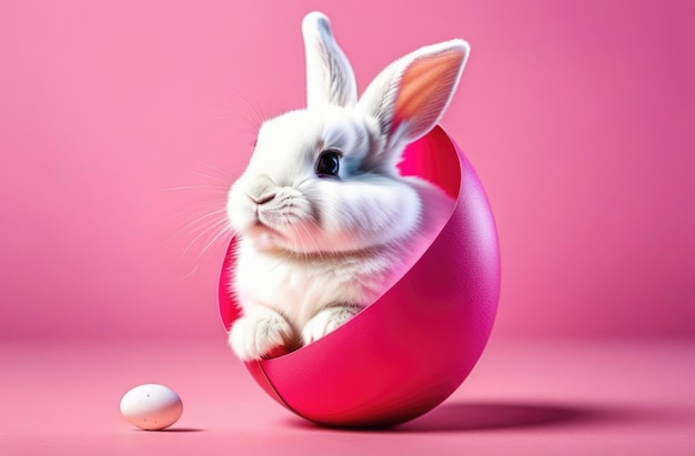 Glückliches Osterbanner mit einem niedlichen Osterhase, das aus einem rosa Oster Ei auf pastellrosa Hintergrund schlüpft Illustration eines Osterhäschens, das in einer zerrissenen Eierschale sitzt Glückliche Oster-Grüßkarte