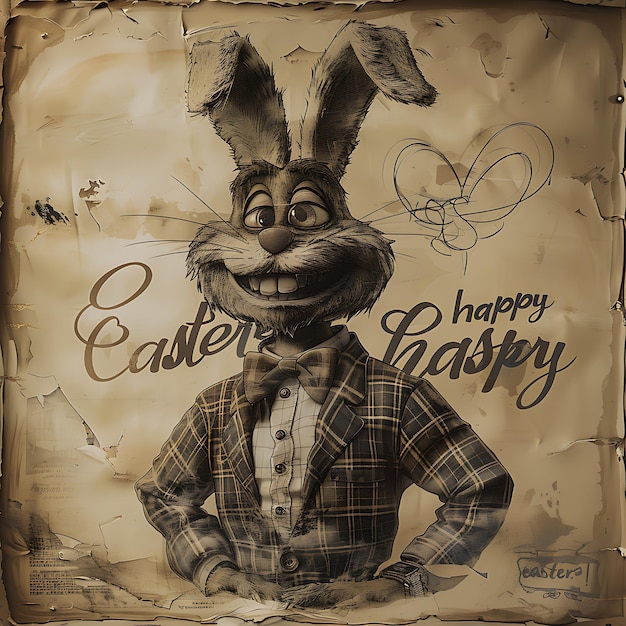 Glückliches Ostern ein Papier mit einem Kaninchen darauf, auf dem steht Ostern