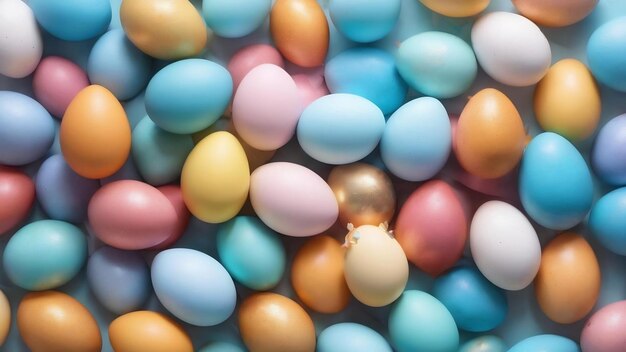 Glückliches Ostern farbenfrohe Ostereier auf pastellblauem und weißem Hintergrund