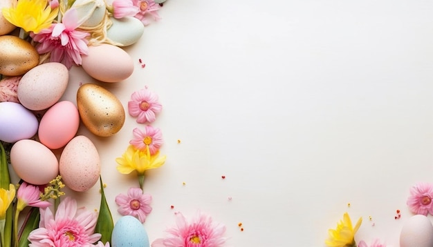 Glückliches Ostern Farbige Ostereier mit Blüten und Frühlingsblumen liegen flach auf einem hellen Hintergrund