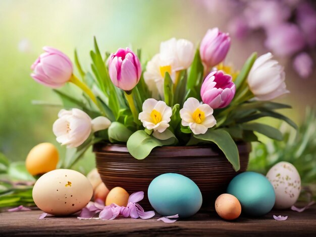 Foto glückliches ostern farbige ostereier mit kirschblüten schokoladenfarbenen eiern flach auf blauem hintergrund stil