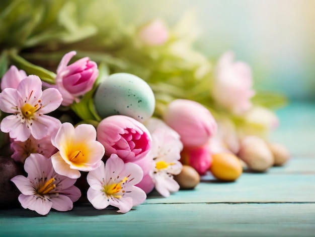 Foto glückliches ostern farbige ostereier mit kirschblüten schokoladenfarbenen eiern flach auf blauem hintergrund stil