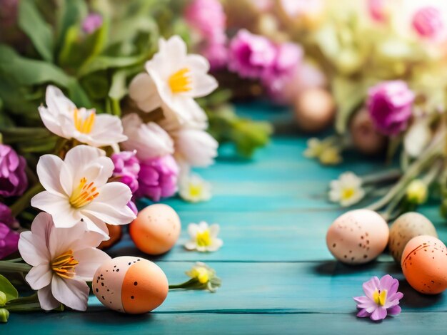 Foto glückliches ostern farbige ostereier mit kirschblüten schokoladenfarbenen eiern flach auf blauem hintergrund stil