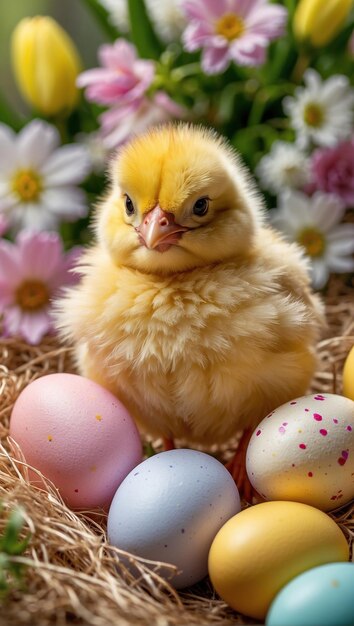 Glückliches Ostern-Gelbkuchen mit Ostereiern, umgeben von Frühlingsblumen