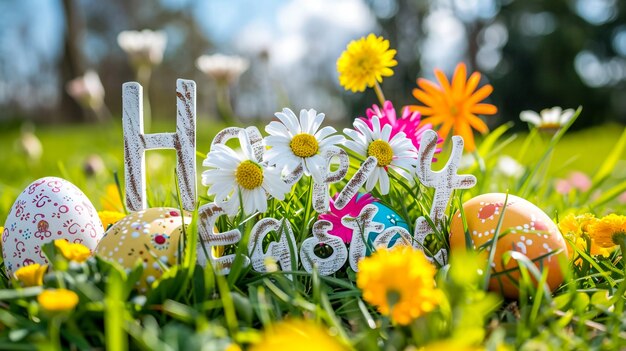 Foto glückliches ostern glückwunsch ostern hintergrund ostereier und blumen