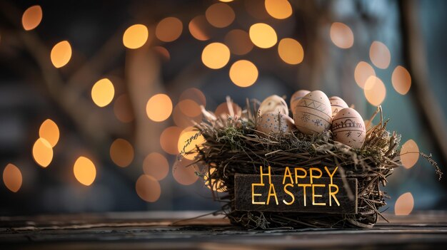 Glückliches Ostern-Grüßbriefbriefkarten mit dekorativen Eiern in einem Korb aus Pastellfarben Handgemacht Ostern-MusterHintergrund DIY Ostern-Frühlingsmuster