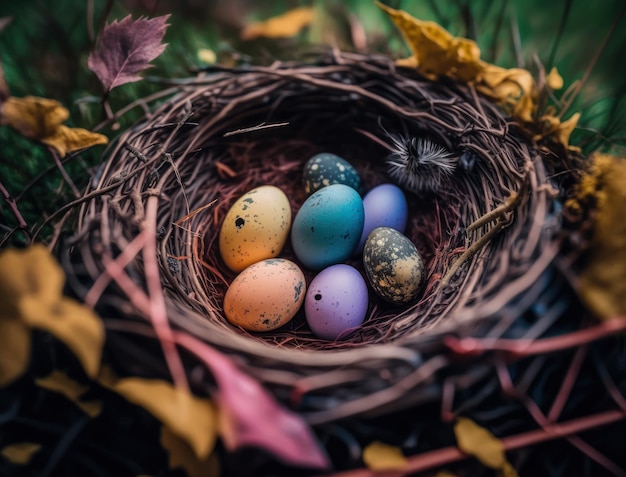 Glückliches Ostern-Hintergrundkonzept mit Ostereiern im Nest und Frühlingsblumen, erstellt mit generativer KI-Technologie