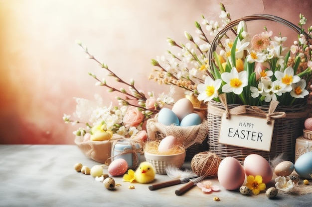Glückliches Ostern mit Dekoration Ostern Karte Banner Ostern Eier Blumen und Korb