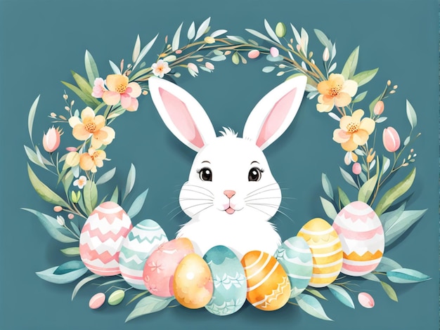 Glückliches Ostern süßes Ostern Hase mit Blumenkrans Ostern Eier Blumen Blätter zum Grüßen ba