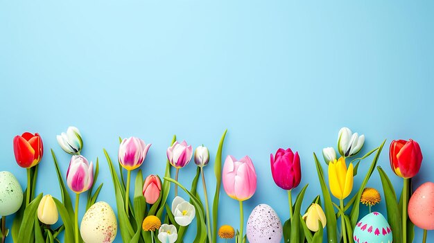 Glückliches Osternkonzept Grenze aus Tulpen Frühlingsblumen und bunten Ostereiern blauer Hintergrund